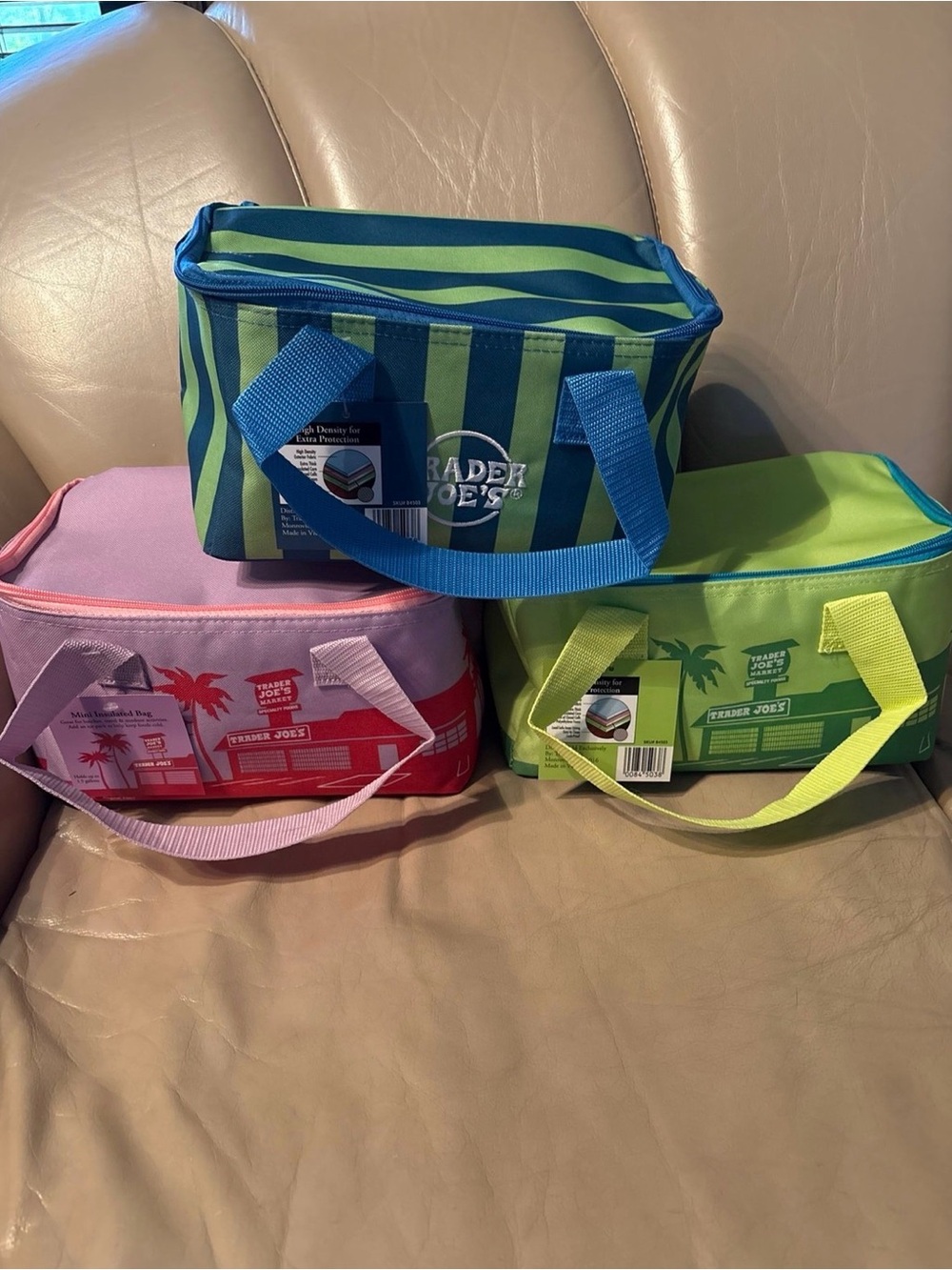 Trader Joe's Mini Insulated Bag Set - Green/blue striped, Green, Levander